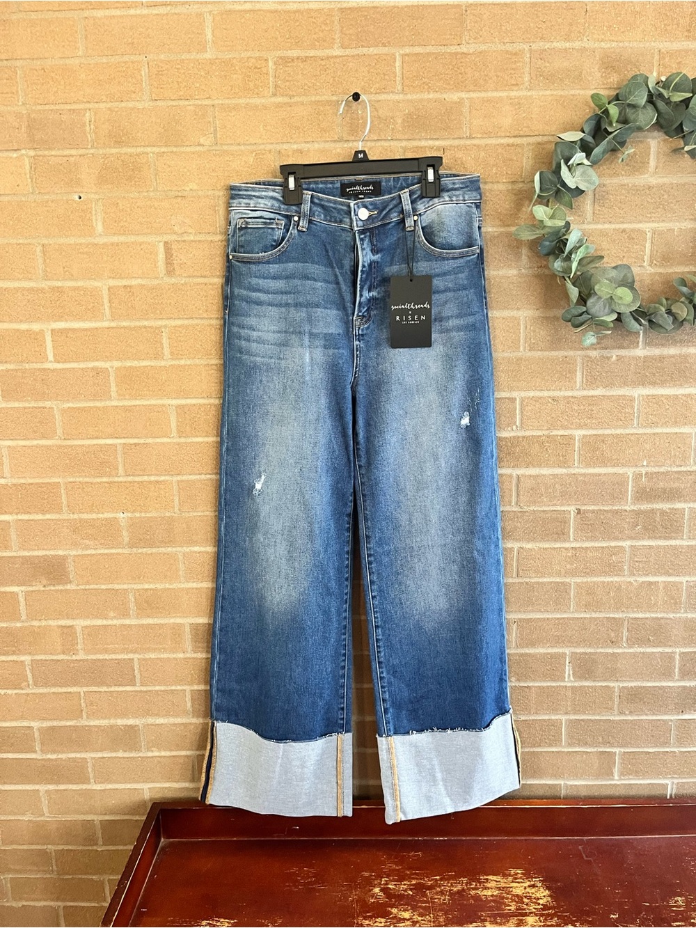 Risen  Wide Leg Cuffed Jeans - Medium Blue